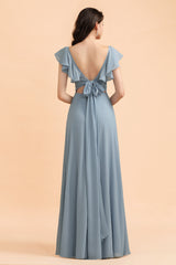 Fashion Dusty Blue Chiffon Sweetheart Slit Bridesmaid Dress with Ruffles Online