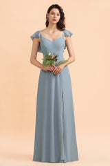 Fashion Dusty Blue Chiffon Sweetheart Slit Bridesmaid Dress with Ruffles Online