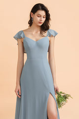 Fashion Dusty Blue Chiffon Sweetheart Slit Bridesmaid Dress with Ruffles Online