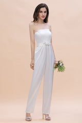 Fashion Strapless Satin Sleeveless Bridesmaid Jumpsuit with Beading Flowers On Sale