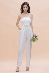 Fashion Strapless Satin Sleeveless Bridesmaid Jumpsuit with Beading Flowers On Sale