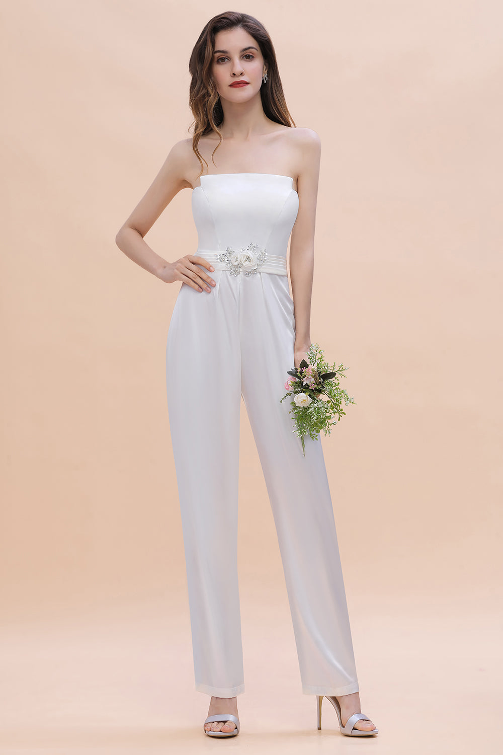 Fashion Strapless Satin Sleeveless Bridesmaid Jumpsuit with Beading Flowers On Sale