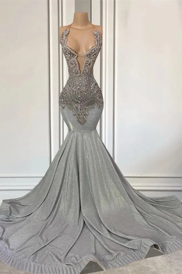 Gorgeous Long Silver Halter Mermaid Prom Dresses with Beads