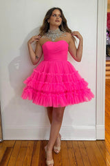 Fuchsia A-Line Sweetheart Tulle Tiered Corset Short Homecoming Dress