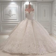 Glamoeous A-line White Lace Wedding Dresses With Appliques Off-the-shoulder Ruffles Bridal Gowns Online