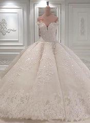 Glamoeous A-line White Lace Wedding Dresses With Appliques Off-the-shoulder Ruffles Bridal Gowns Online