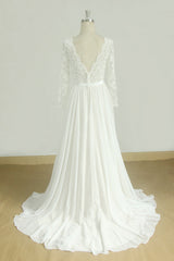 Glamorous A-line White Chiffon Wedding Dress Longsleeves Jewel Bridal Gowns On Sale