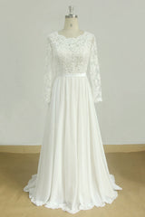 Glamorous A-line White Chiffon Wedding Dress Longsleeves Jewel Bridal Gowns On Sale