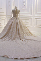 Glamorous Ball Gown High Neck Wedding Dress Long Sleeves Sparkly Sequined Beading Bridal Gowns On Sale