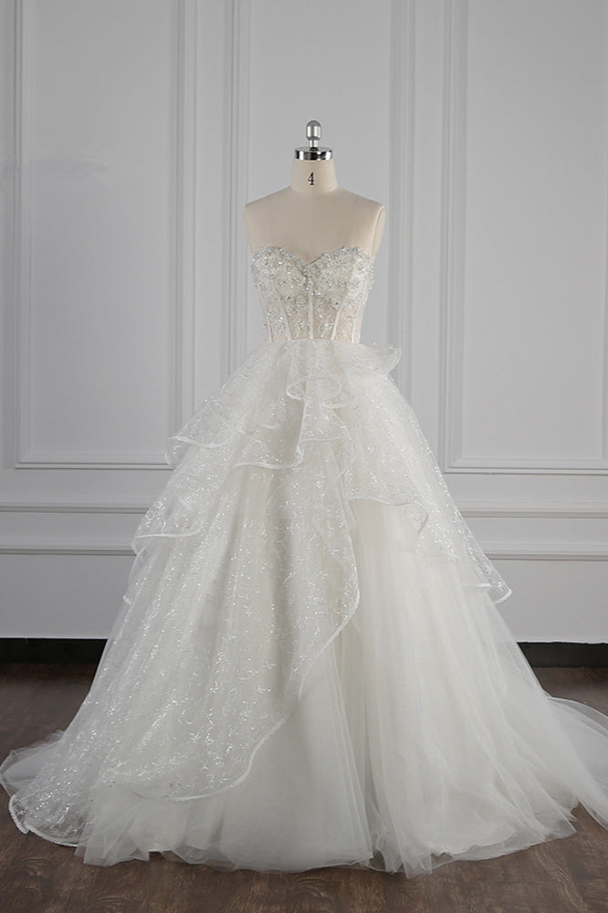 Glamorous Ball Gown Strapless Beadings Wedding Dress Sequined Layers Tulle Bridal Gowns On Sale