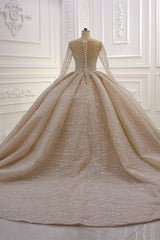 Glamorous Ball Gown Tulle Jewel Wedding Dress Long Sleeves Ruffles Beadings Sequined Bridal Gowns Online