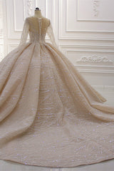 Glamorous Ball Gown Tulle Jewel Wedding Dress Long Sleeves Ruffles Beadings Sequined Bridal Gowns Online