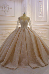 Glamorous Ball Gown Tulle Jewel Wedding Dress Long Sleeves Ruffles Beadings Sequined Bridal Gowns Online