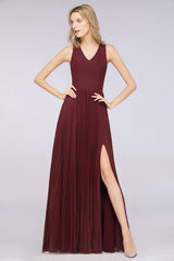 Glamorous Chiffon V-Neck Ruffle Burgundy Bridesmaid Dresses Affordable