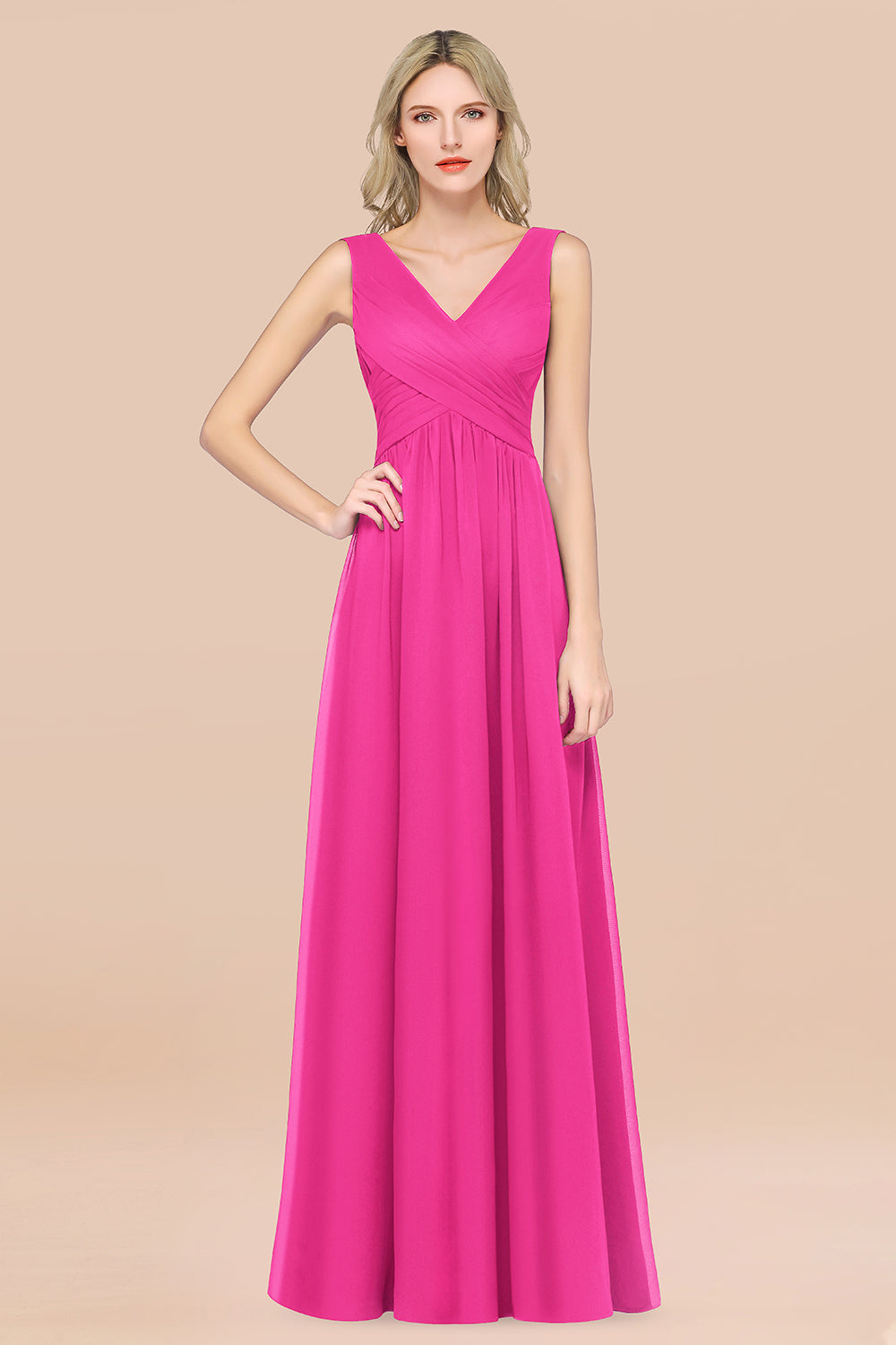 Glamorous Chiffon V-Neck Sleeveless Burgundy Bridesmaid Dress with Draped Back