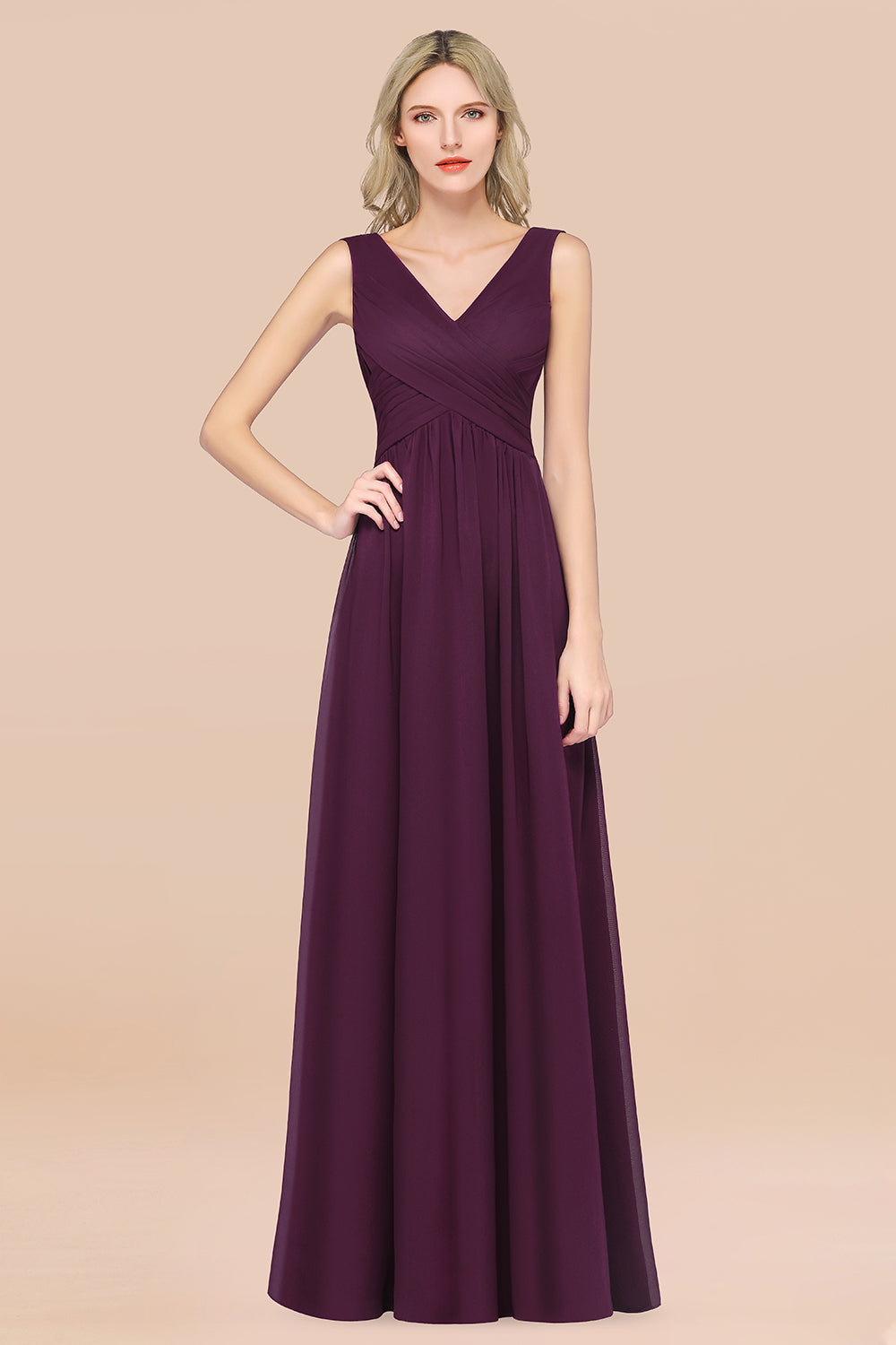 Glamorous Chiffon V-Neck Sleeveless Burgundy Bridesmaid Dress with Draped Back