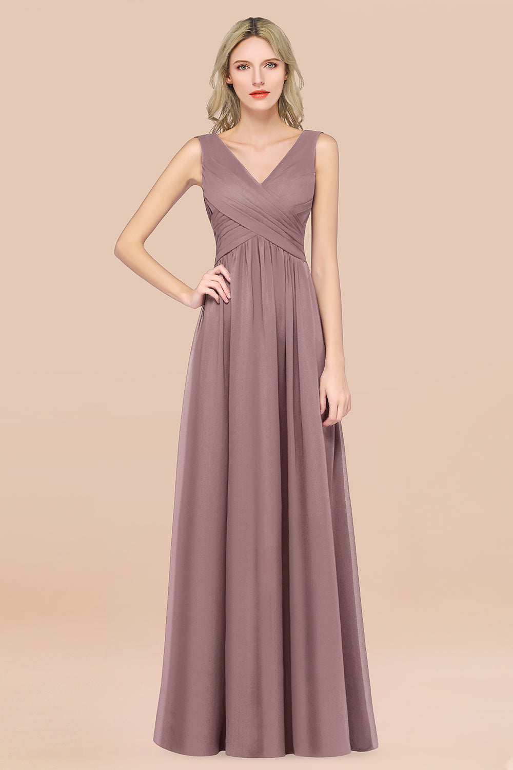 Glamorous Chiffon V-Neck Sleeveless Burgundy Bridesmaid Dress with Draped Back