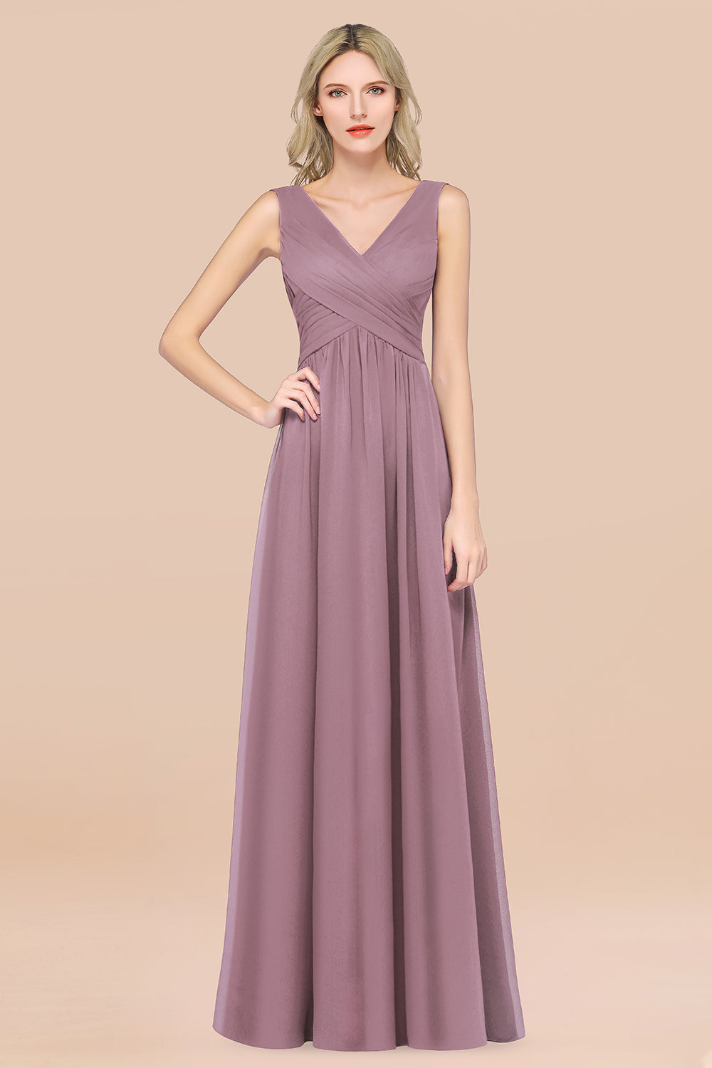 Glamorous Chiffon V-Neck Sleeveless Burgundy Bridesmaid Dress with Draped Back