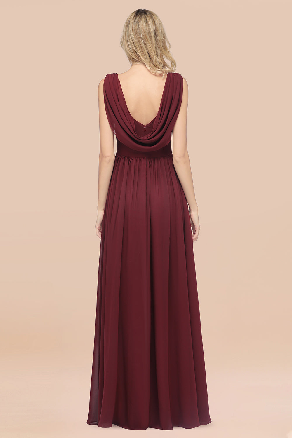 Glamorous Chiffon V-Neck Sleeveless Burgundy Bridesmaid Dress with Draped Back