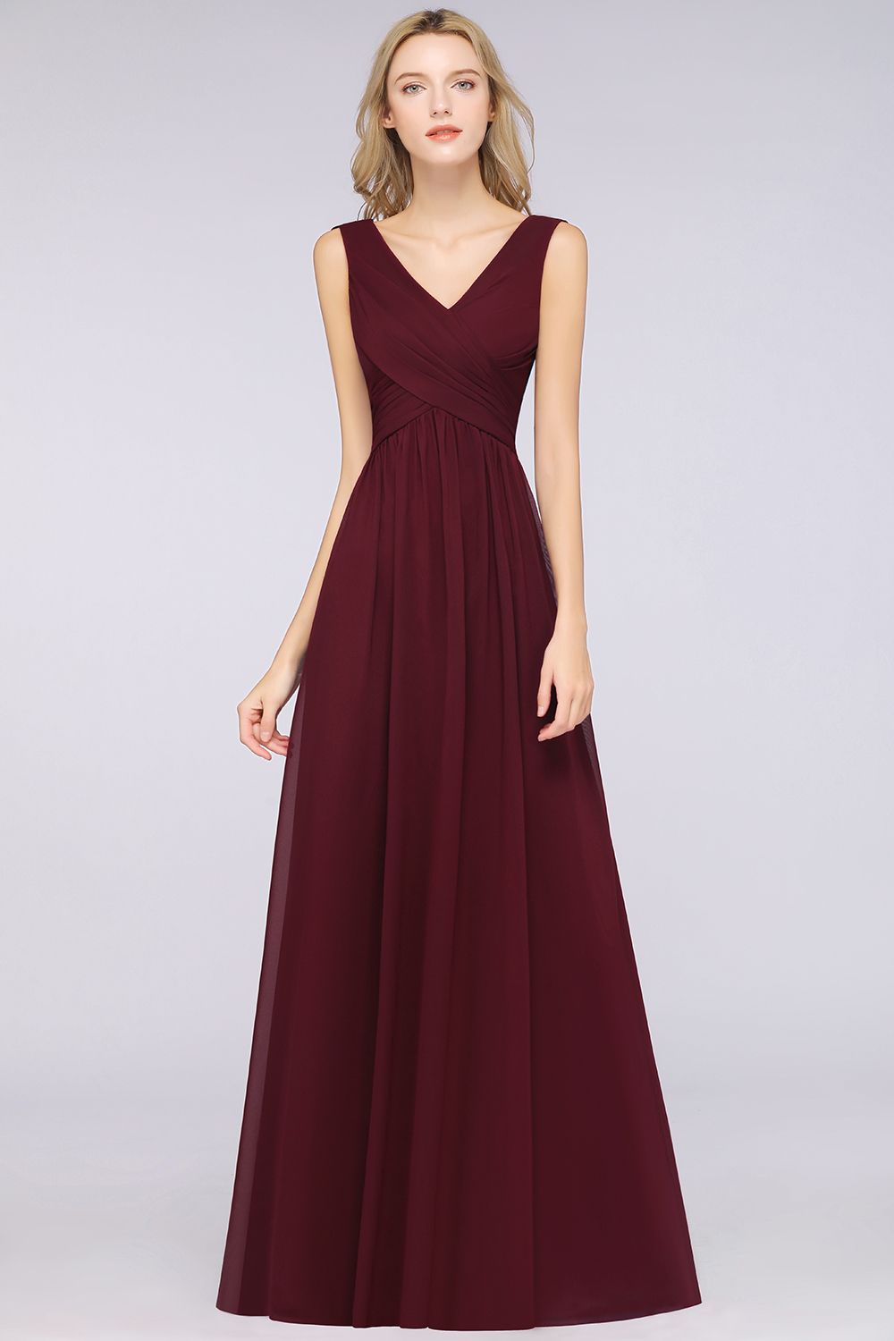 Glamorous Chiffon V-Neck Sleeveless Burgundy Bridesmaid Dress with Draped Back