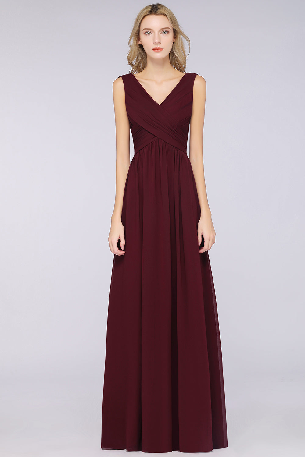 Glamorous Chiffon V-Neck Sleeveless Burgundy Bridesmaid Dress with Draped Back