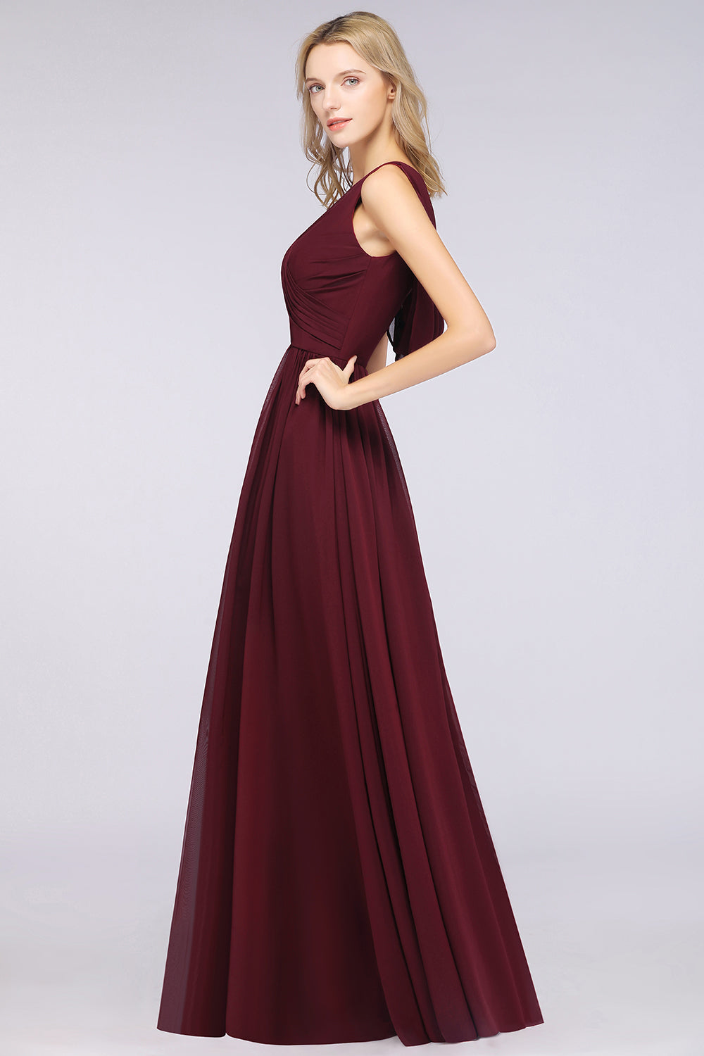 Glamorous Chiffon V-Neck Sleeveless Burgundy Bridesmaid Dress with Draped Back