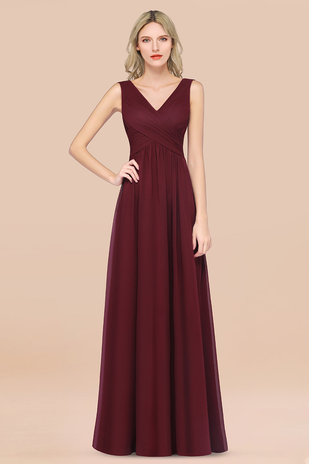 Glamorous Chiffon V-Neck Sleeveless Burgundy Bridesmaid Dress with Draped Back