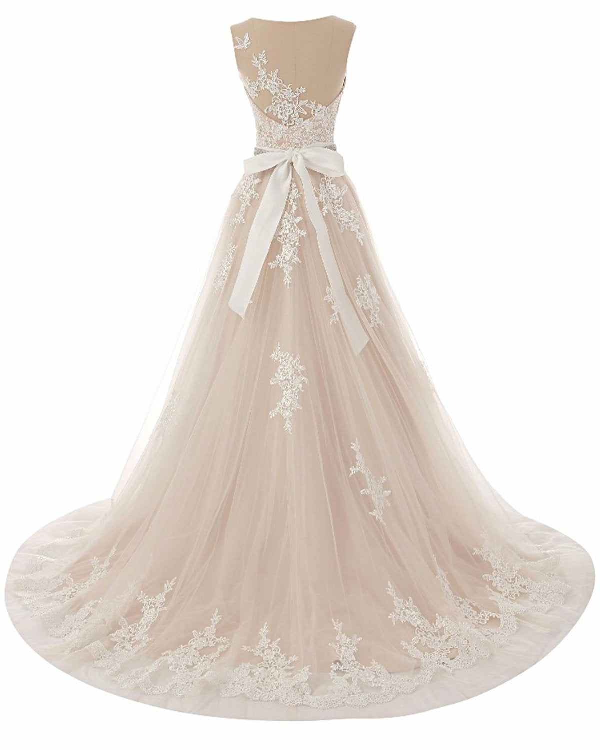 Glamorous Creamy Tulle Round Neck Long Wedding Dress White Lace Applique Bridal Gowns On Sale