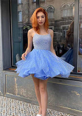 Glamorous A-line Square Neckline Sleeveless Tulle Homecoming Dress with Sequins Glitter