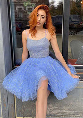 Glamorous A-line Square Neckline Sleeveless Tulle Homecoming Dress with Sequins Glitter