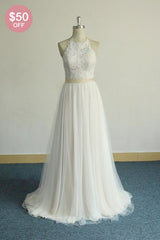 Glamorous Halter Ivory A-line Wedding Dresses Lace Tulle Ruffles Bridal Gowns With Appliques Online