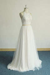 Glamorous Halter Ivory A-line Wedding Dresses Lace Tulle Ruffles Bridal Gowns With Appliques Online