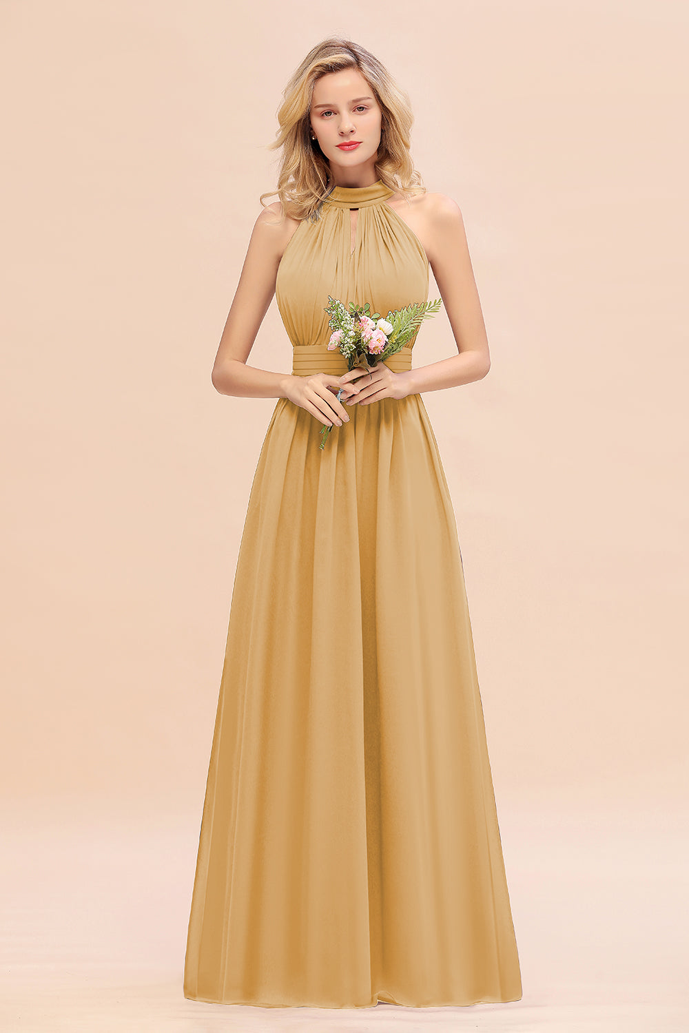 Glamorous High-Neck Halter Bridesmaid Affordable Dresses with Ruffle