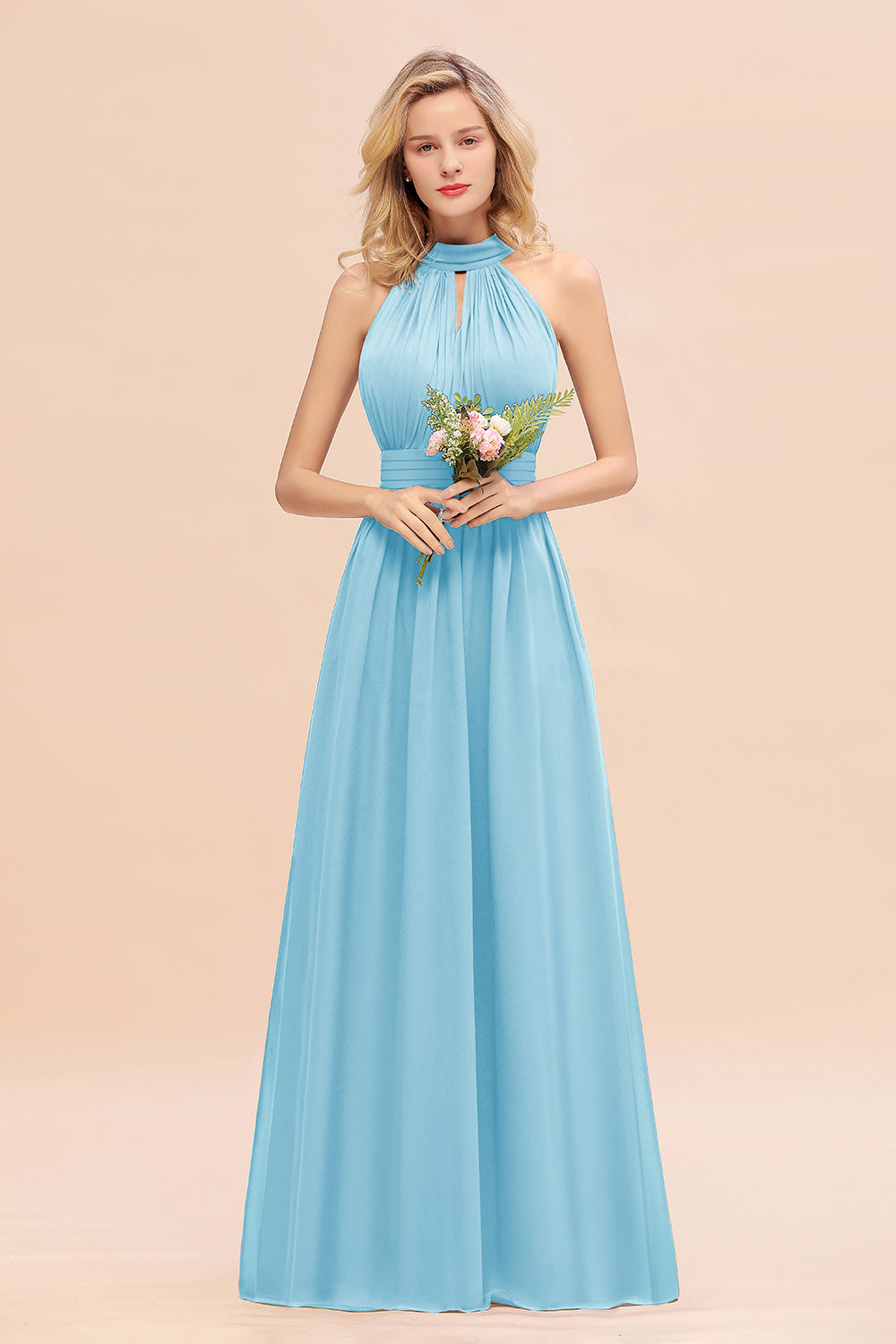 Glamorous High-Neck Halter Bridesmaid Affordable Dresses with Ruffle