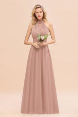 Glamorous High-Neck Halter Bridesmaid Affordable Dresses with Ruffle