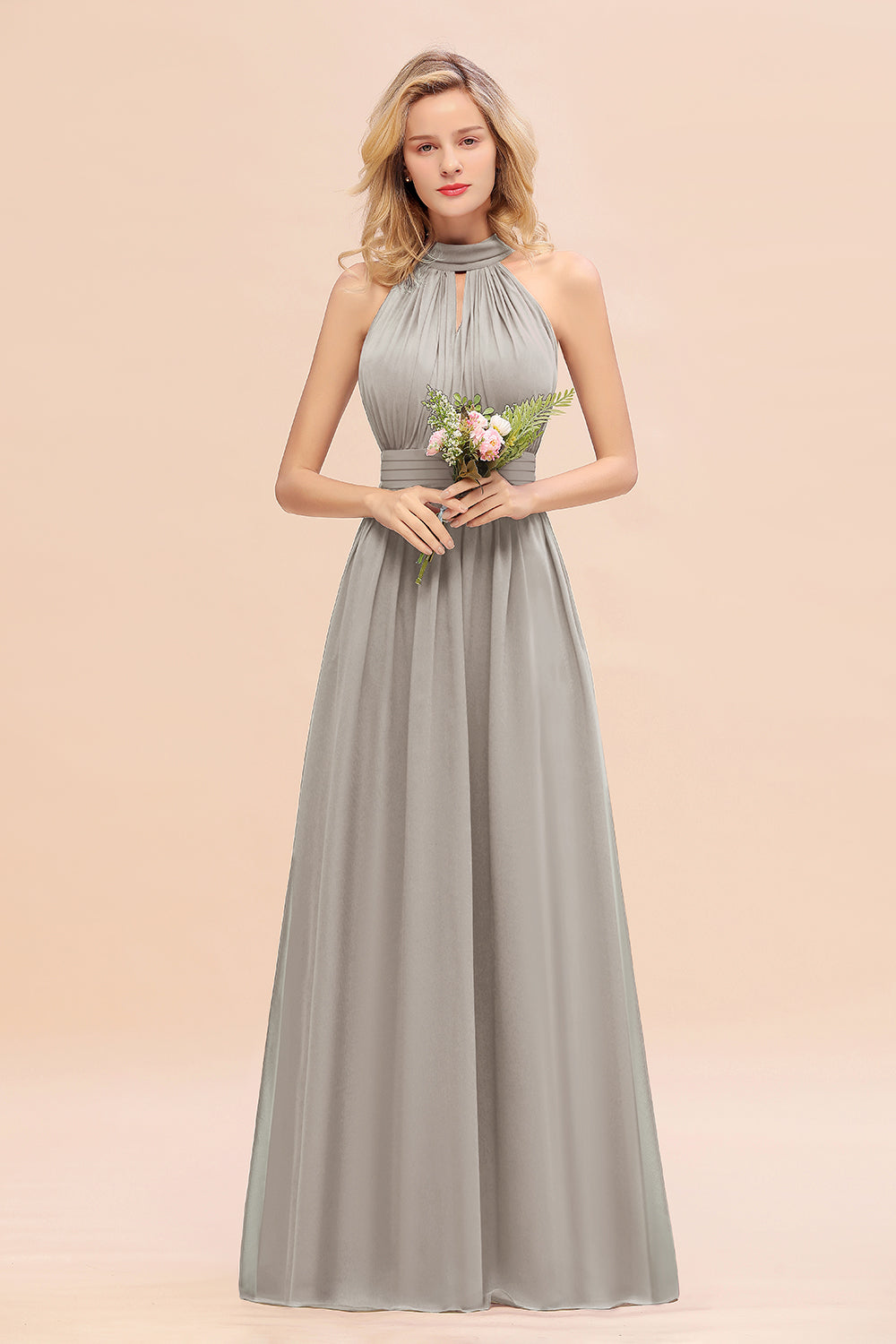 Glamorous High-Neck Halter Bridesmaid Affordable Dresses with Ruffle