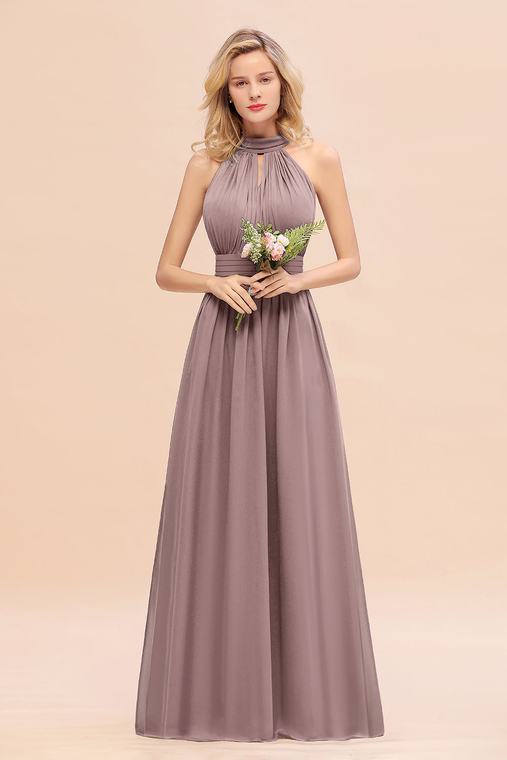 Glamorous High-Neck Halter Bridesmaid Affordable Dresses with Ruffle