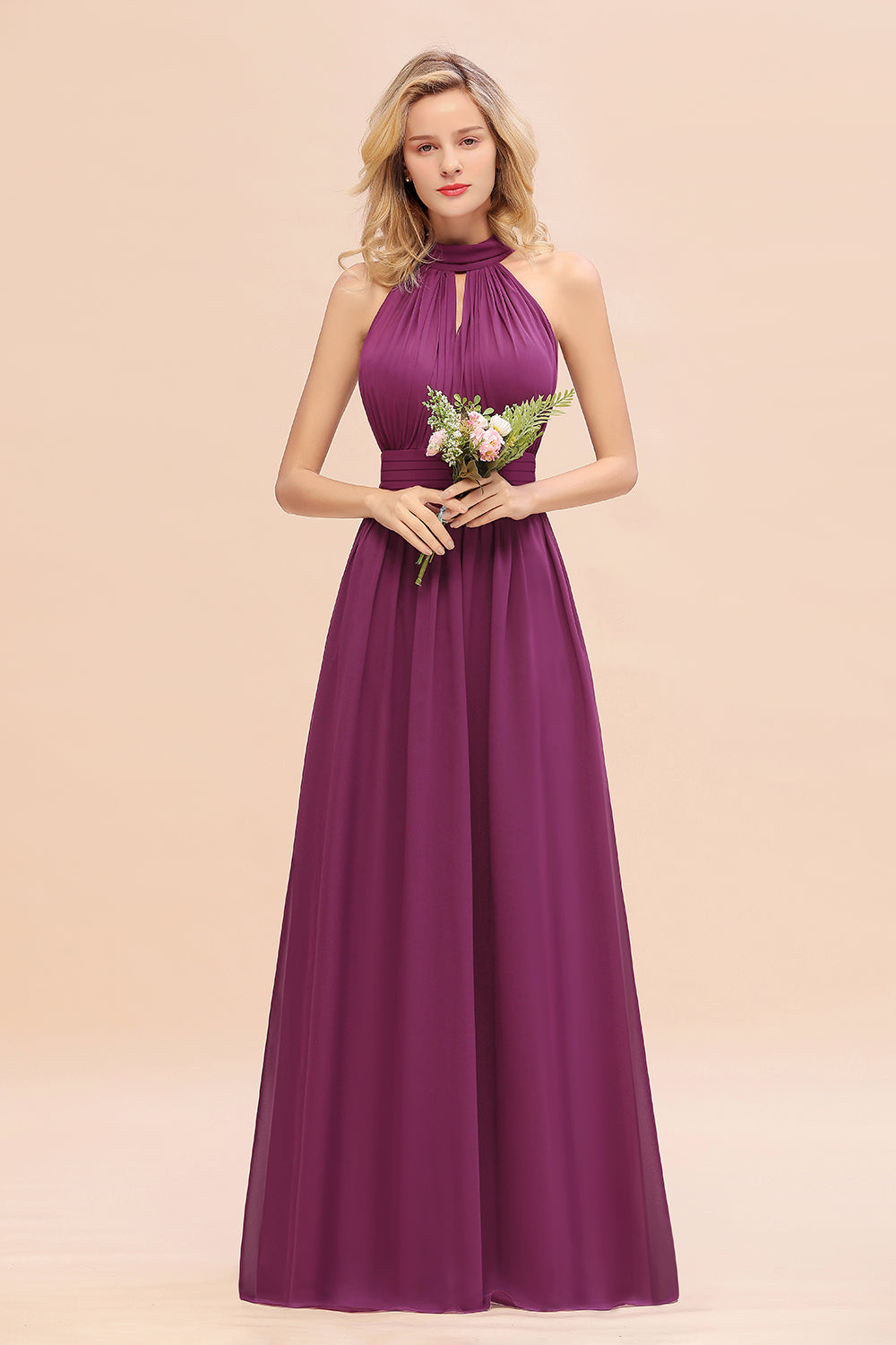 Glamorous High-Neck Halter Bridesmaid Affordable Dresses with Ruffle