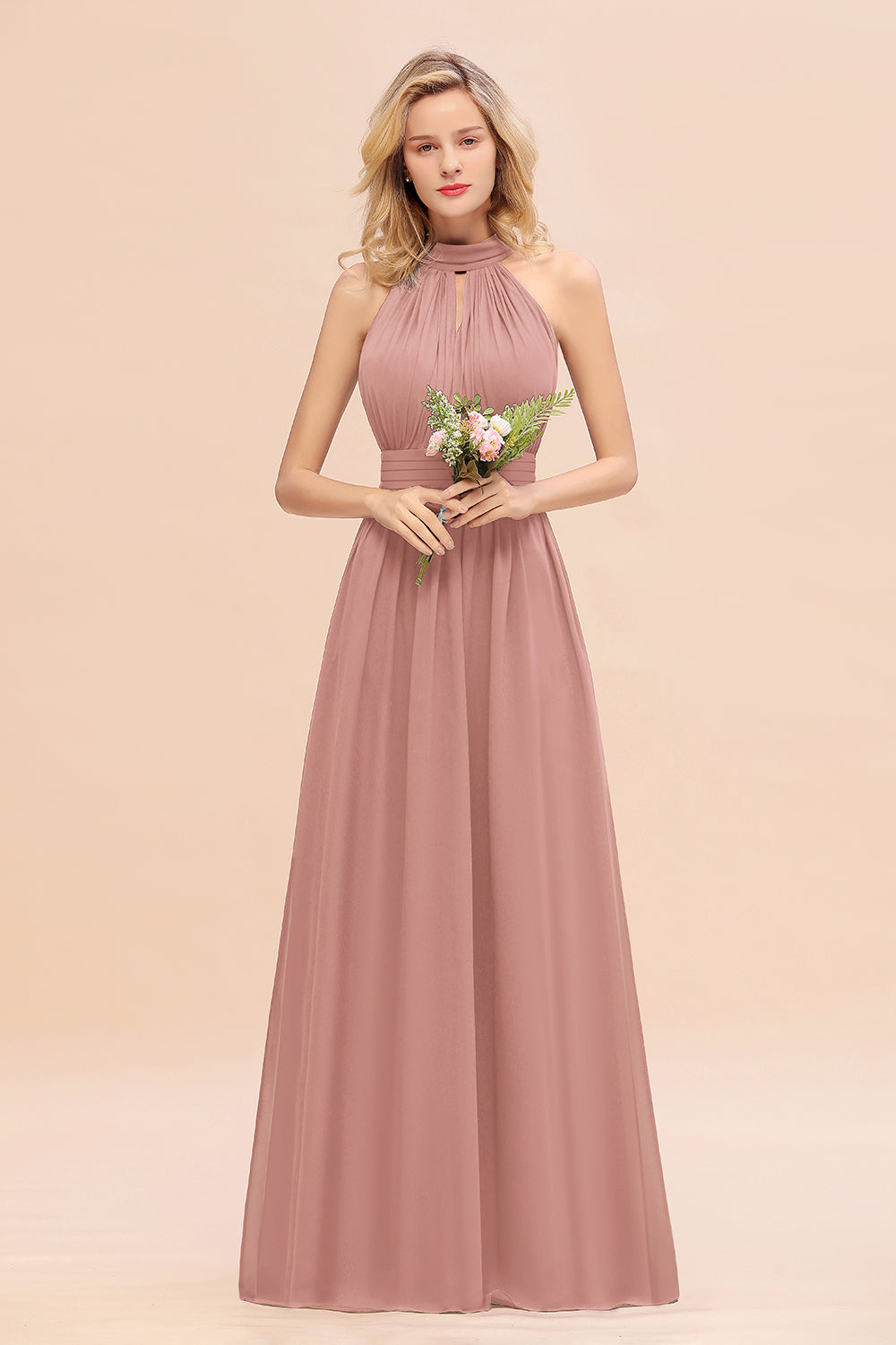 Glamorous High-Neck Halter Bridesmaid Affordable Dresses with Ruffle