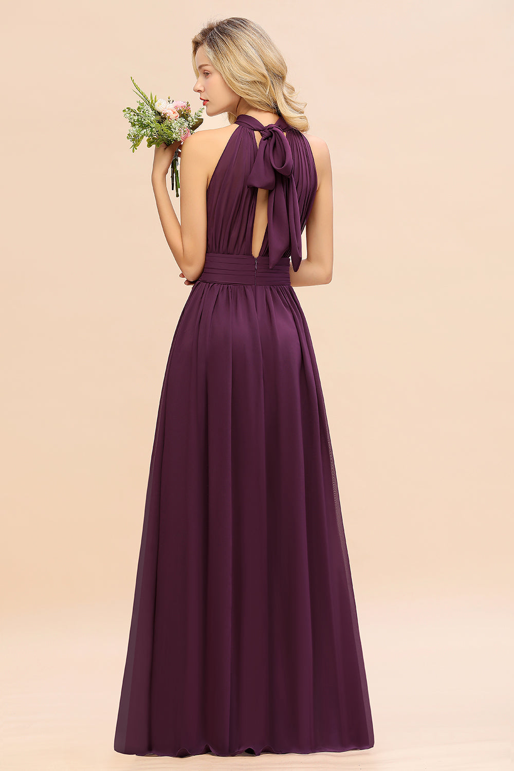 Glamorous High-Neck Halter Bridesmaid Affordable Dresses with Ruffle