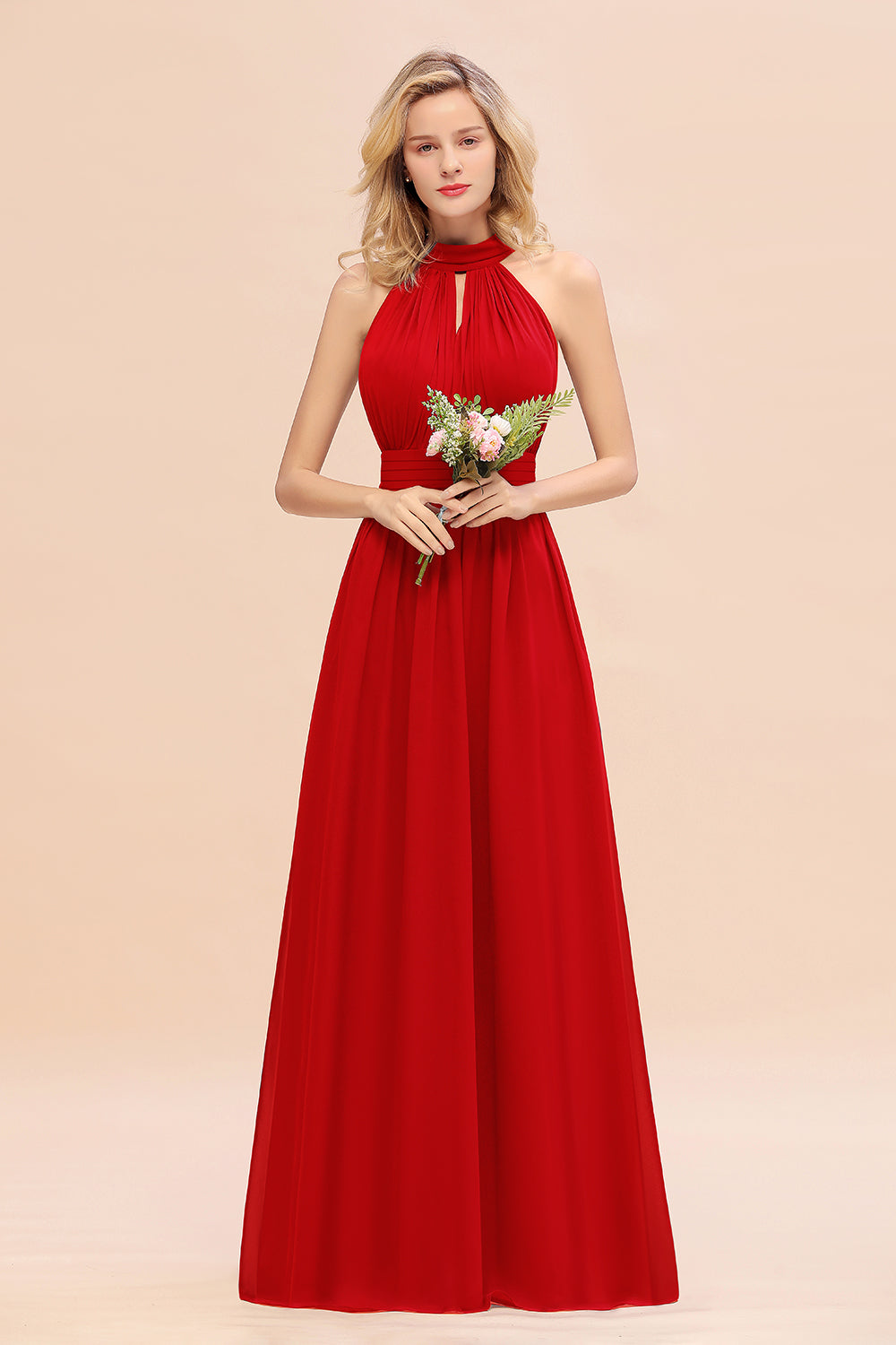 Glamorous High-Neck Halter Bridesmaid Affordable Dresses with Ruffle