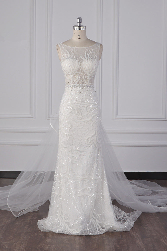 Glamorous Jewel Beadings Sheath Wedding Dress Tulle Beadings Appliques Bridal Gowns On Sale