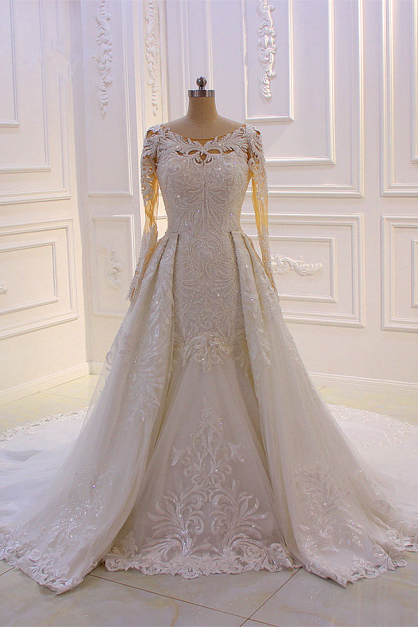 Glamorous Jewel Long Sleeves Wedding Dress Tulle Lace Bedaings Bridal Gowns Online