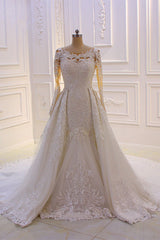 Glamorous Jewel Long Sleeves Wedding Dress Tulle Lace Bedaings Bridal Gowns Online