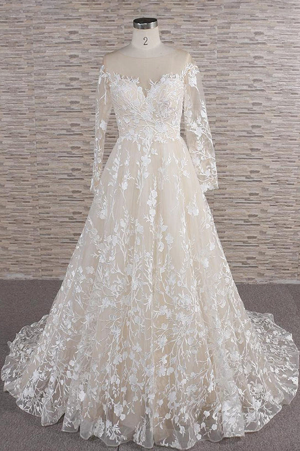 Glamorous Jewel Longsleeves Champagne Wedding Dresses A-line Lace Bridal Gowns With Appliques On Sale