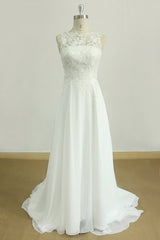 Glamorous Jewel Sleeveless Appliques Wedding Dress Lace White Chiffon Bridal Gowns On Sale