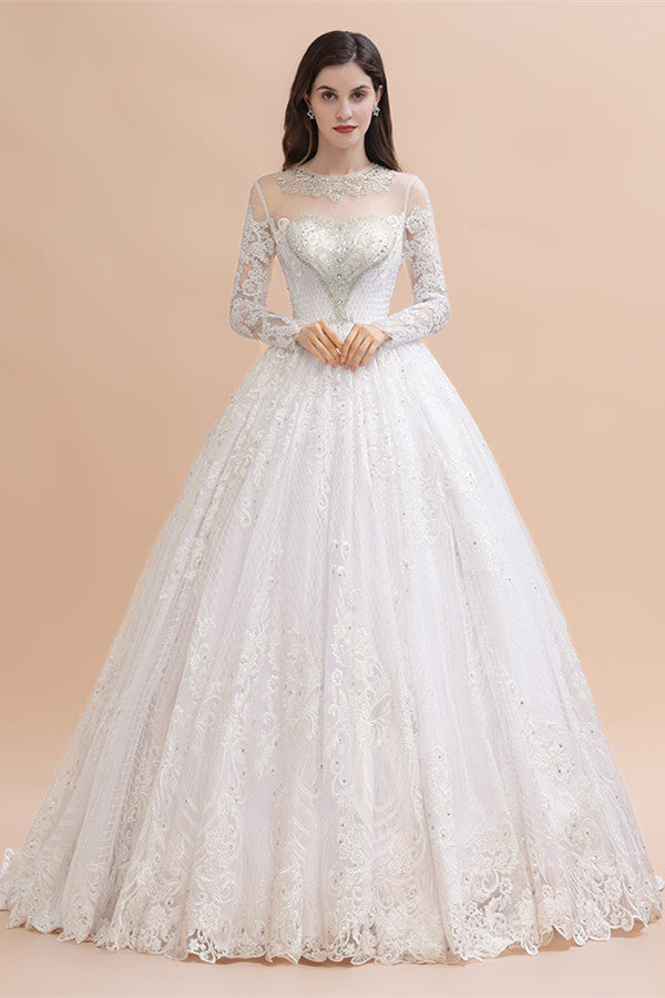 Glamorous Jewel Tulle Lace Wedding Dress Long Sleeves Appliques Beadings Bridal Gowns Online