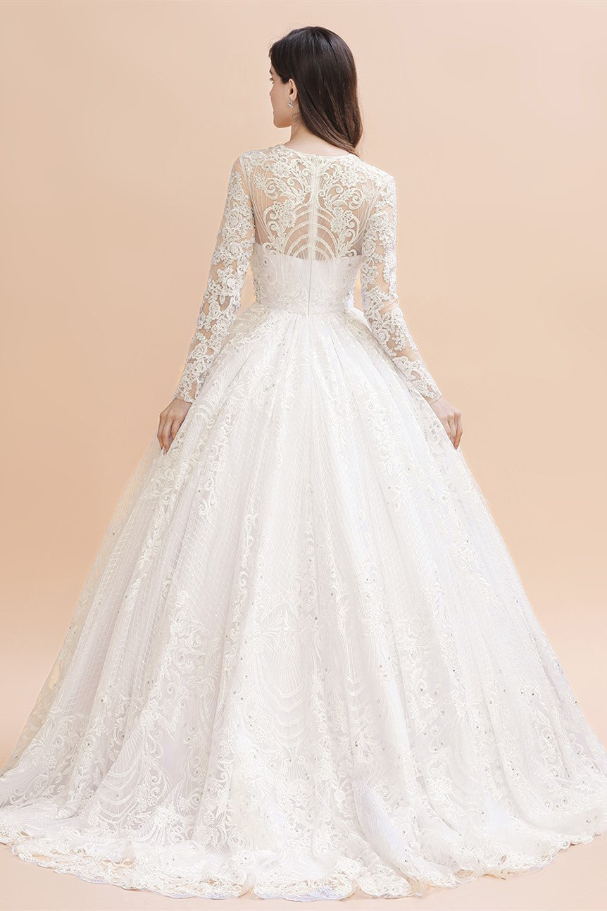 Glamorous Jewel Tulle Lace Wedding Dress Long Sleeves Appliques Beadings Bridal Gowns Online