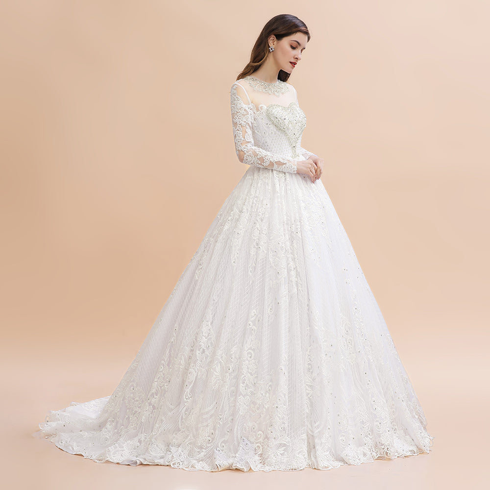 Glamorous Jewel Tulle Lace Wedding Dress Long Sleeves Appliques Beadings Bridal Gowns Online