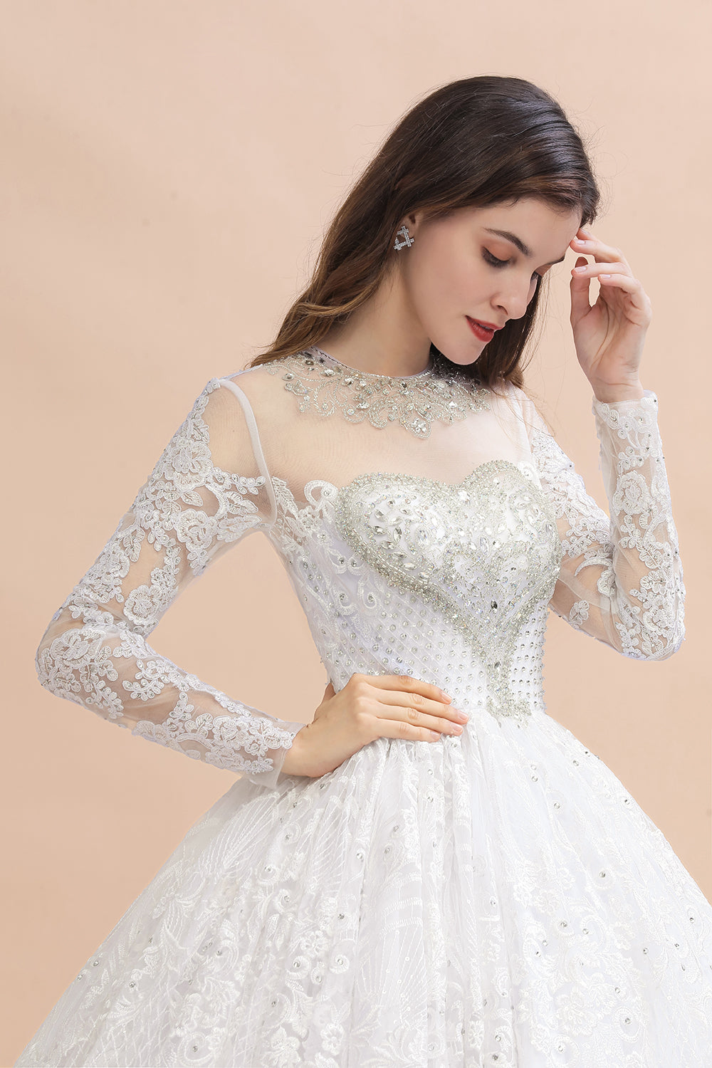 Glamorous Jewel Tulle Lace Wedding Dress Long Sleeves Appliques Beadings Bridal Gowns Online